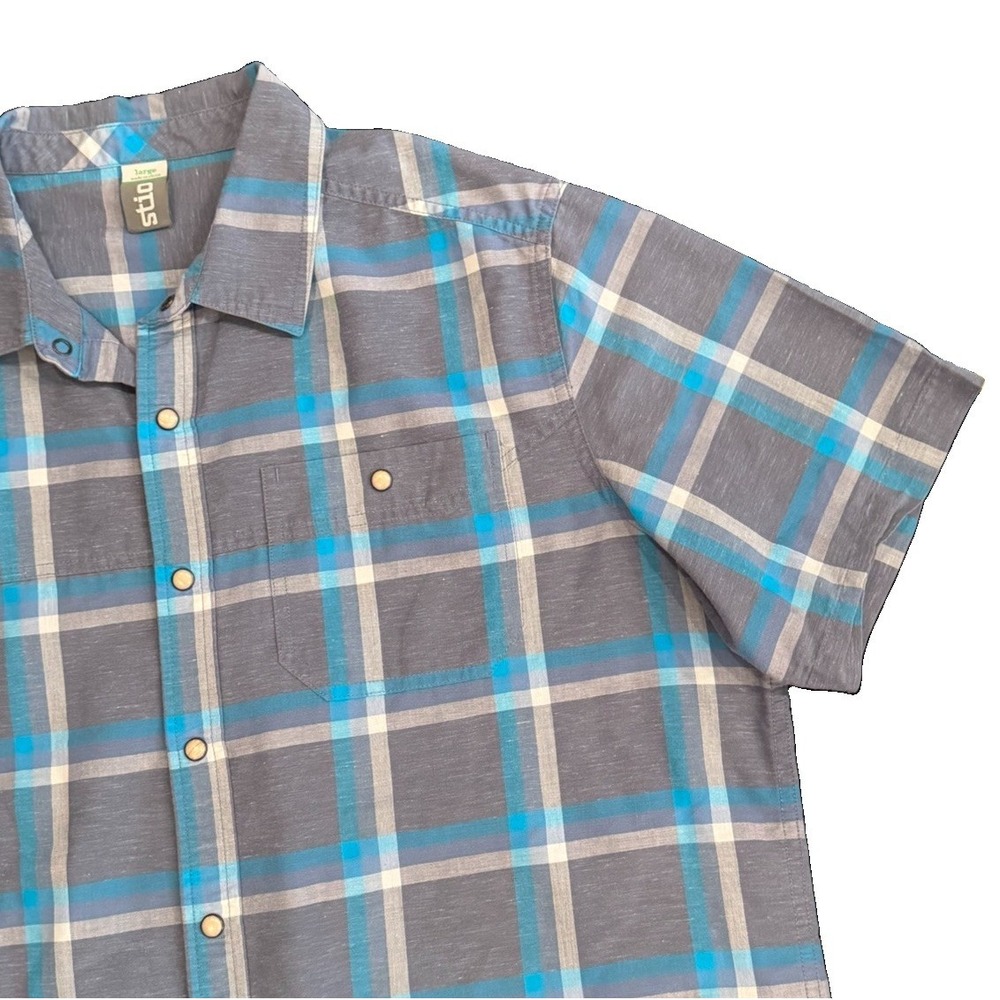 Stio Eddy Shirt Mens Large Pearl Snap Button XL Blue Gray Plaid Outdoor Western